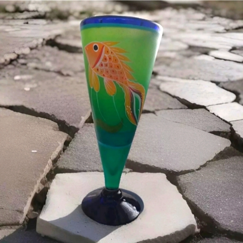 Mexican Goldfish Green Hand Painted Cocktail Glass Cobalt Blue Bottom & Rim